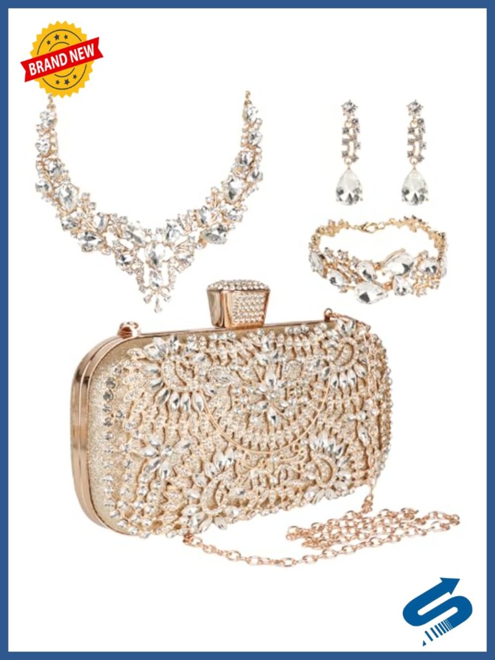 Rhinestone Jewelry Set with Clutch Purse & Chain 4 Piece Evening Bag Set